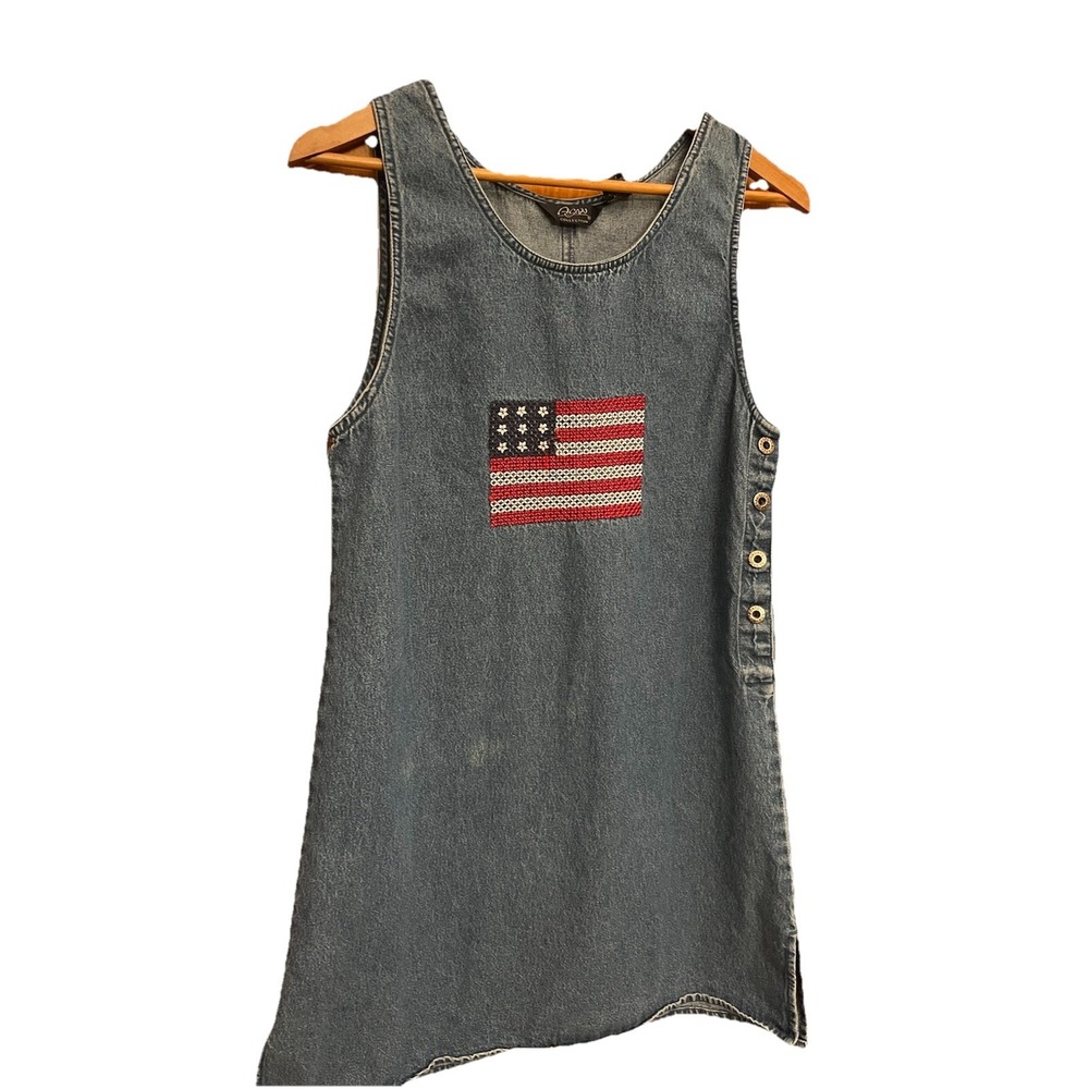 Agaso Women's Denim Jumper Dress American Flag Embroidered On Front Patriotic Sm